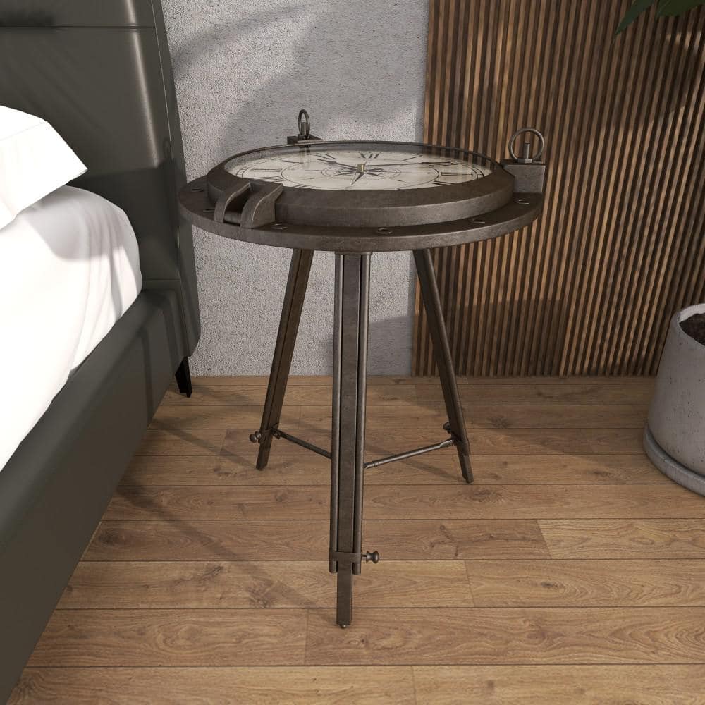 Black Iron Compass Clock Accent Table with Glass Top