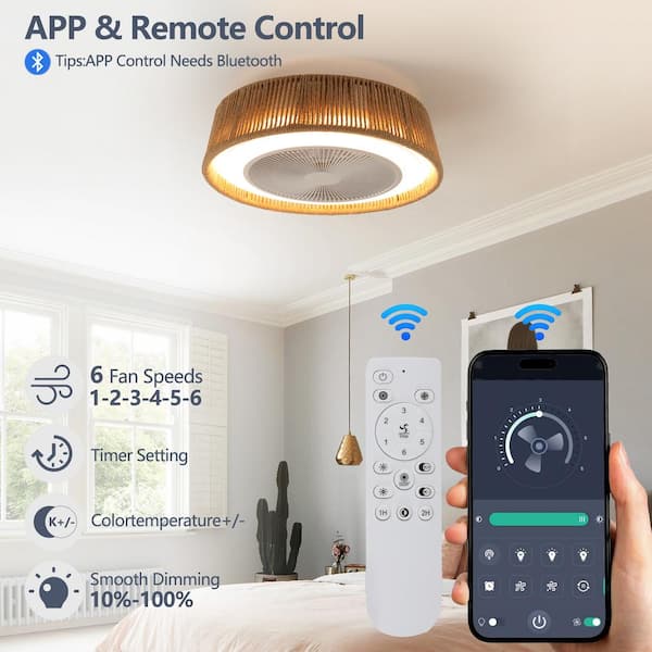 21 in. W Indoor Brown Ceiling Fan with Light Bohemian Style LED Dimmable for Small Room, Remote/APP Control