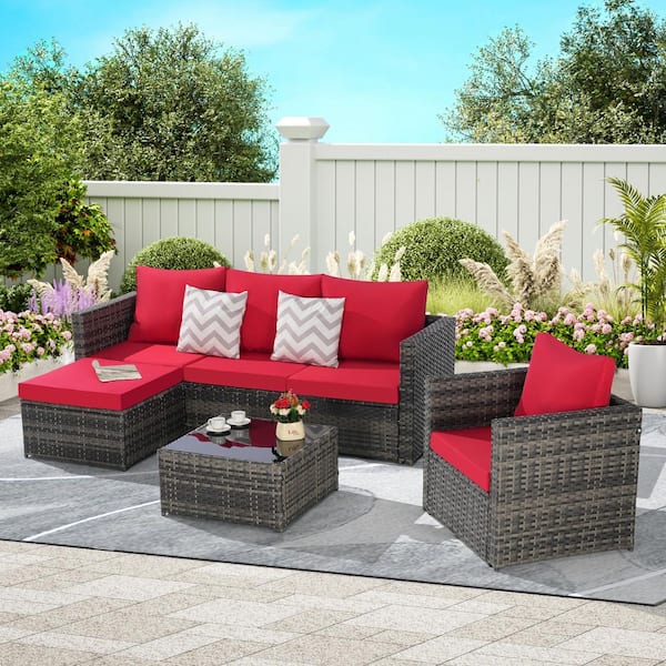 Unbranded Gray 3-Piece Seat 6-Wicker Woven Corner Outdoor Conversation Sectional Sofa Set with Coffee Table and Red Cushions