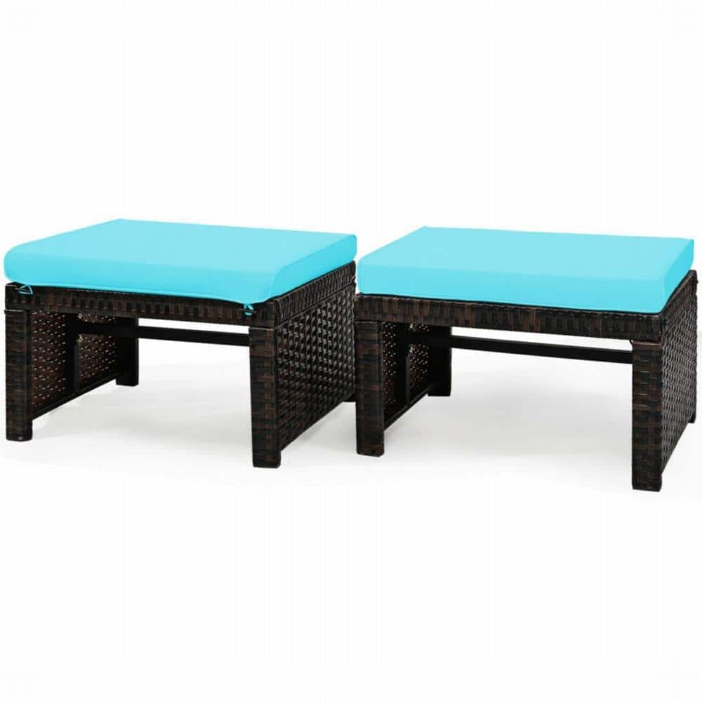 Patio Rattan Wicker Outdoor Ottomans with Soft Turquoise Cushion for Patio and Garden (2-Pack)