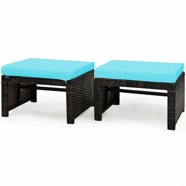 ANGELES HOME Patio Rattan Wicker Outdoor Ottomans with Soft Turquoise Cushion for Patio and Garden (2-Pack)