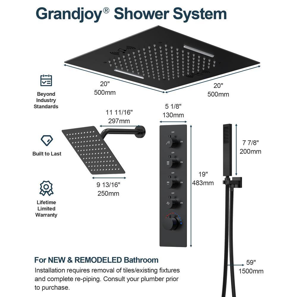Matte Black Large LED Ceiling Mounted Shower System with Bluetooth Speaker