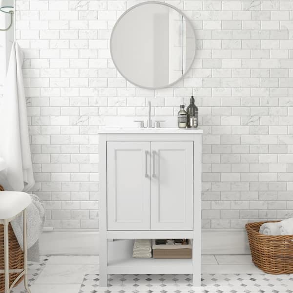 Carnegy Avenue 24 in. W x 19 in. D x 38 in. H Single Sink Freestanding Bath Vanity in White with White Stone Top