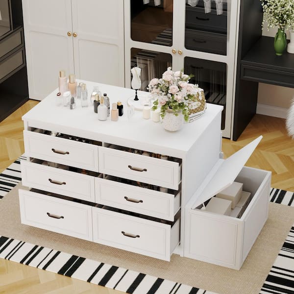 White 12-Drawer 61.9 in. Dresser with Flip-Top Storage Bench, Gray Cushion, and Large Capacity for Closet Organization