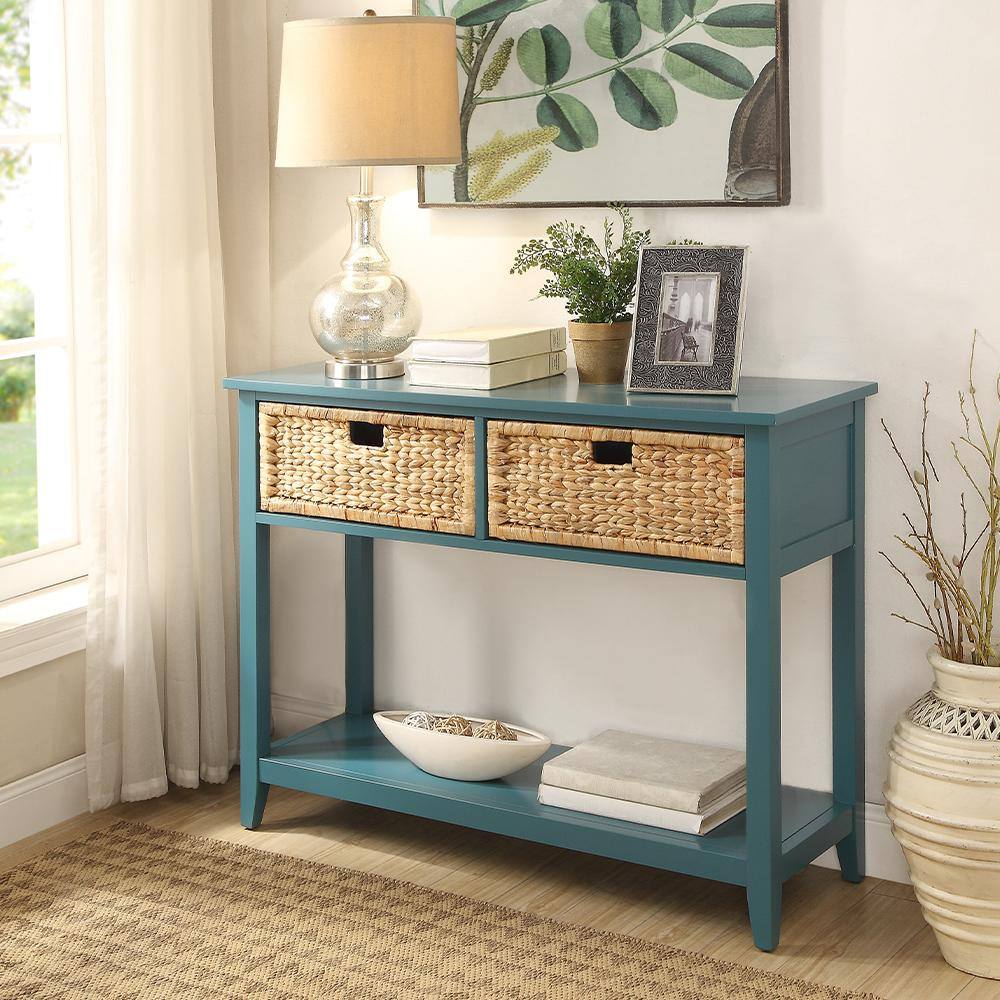 Teal Wood Console Table with Storage Baskets and Shelf