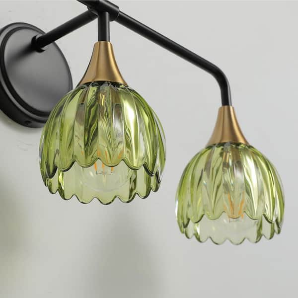21 in. 3-Lights Black and Gold Vanity Light Fixtures Bathroom Wall Sconce With Green Tulip Glass Shade E26 Socket Base