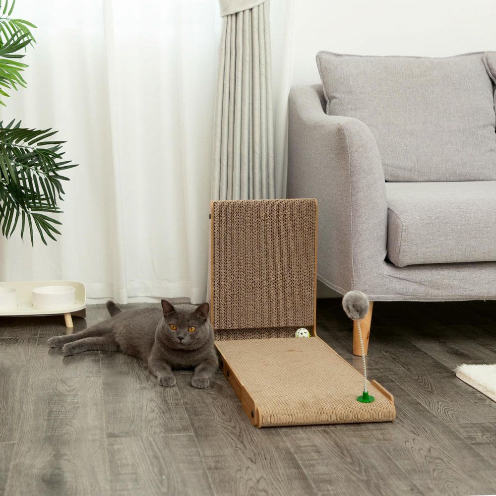 L-Shaped Brown Cardboard Cat Scratcher with Toy