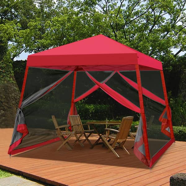 COOS BAY 10 ft. x 10 ft. Red Patio Outdoor Instant Slant Leg Pop-up Canopy with Mesh Tent