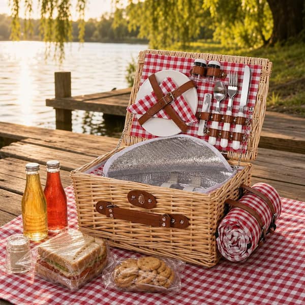 Numhew Vintage Classic 1-Piece Red Check Wicker Picnic Basket Set