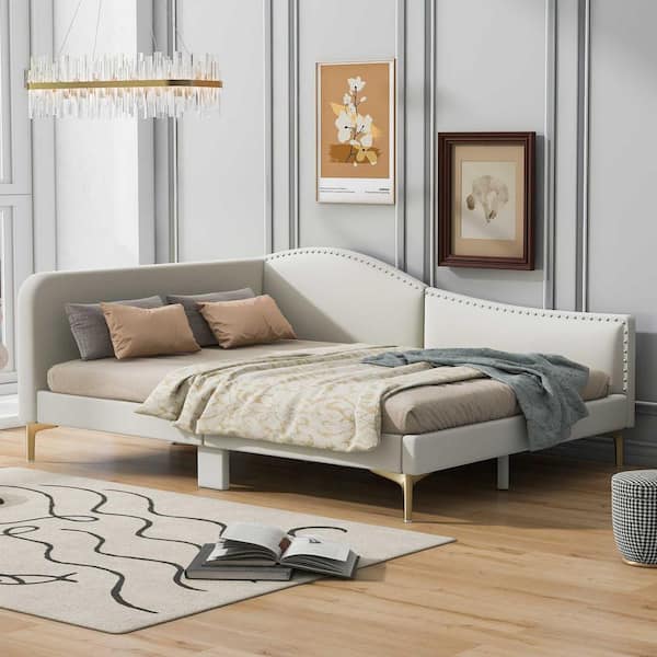 Polibi Beige Full Size Upholstered Daybed with Headboard and Armrest