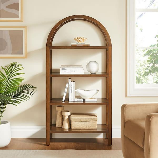 Vexley 60 in. Tall Walnut Wood 4-Shelf Arched Open Display Bookcase with Shelves and Storage
