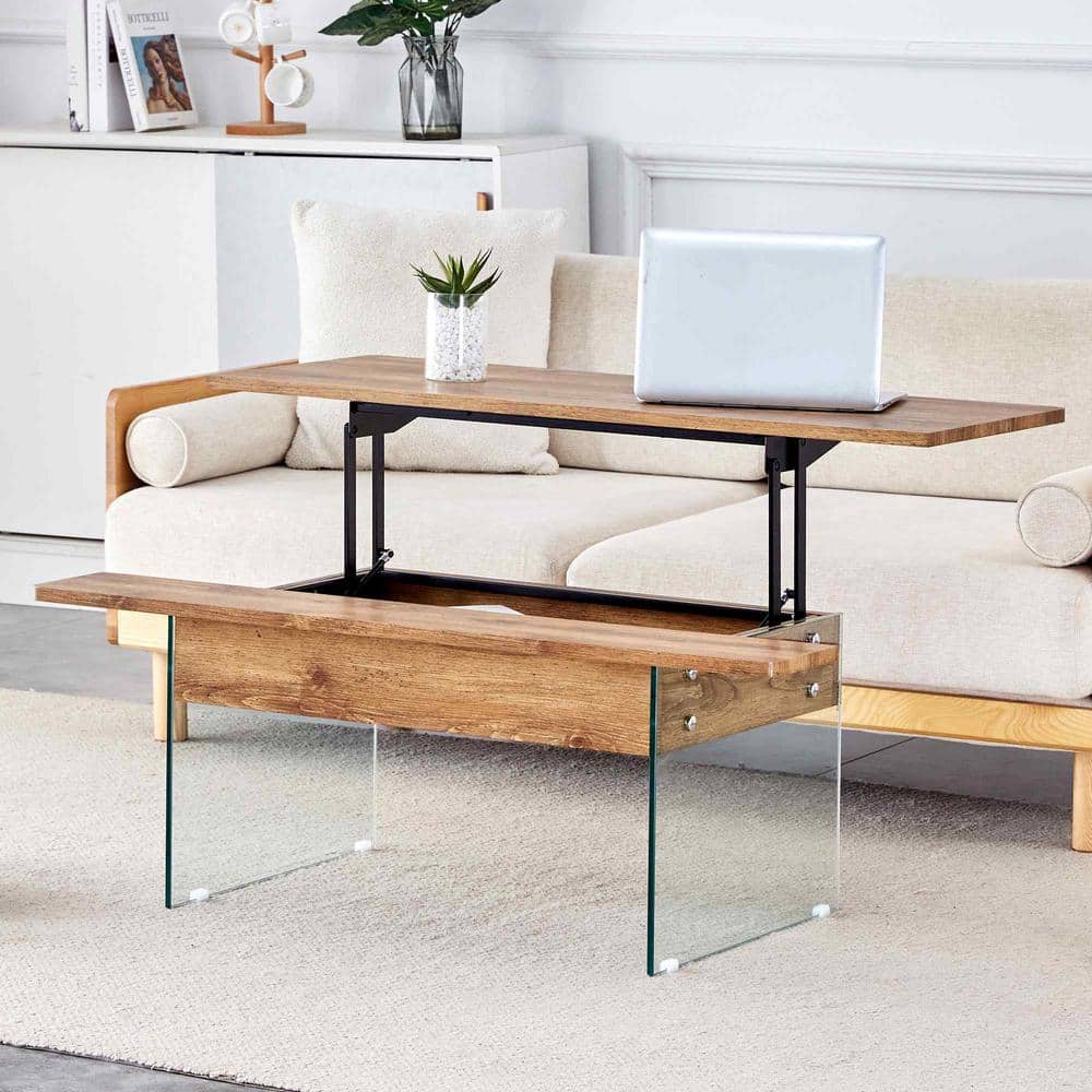 43.3 in. Natural Wood, Transparent Rectangle Glass Coffee Table with Multifunctional Lift Top