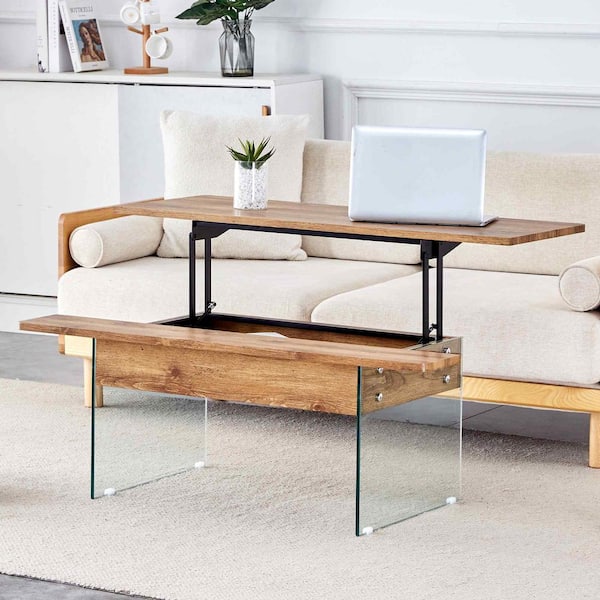 Polibi 43.3 in. Natural Wood, Transparent Rectangle Glass Coffee Table with Multifunctional Lift Top