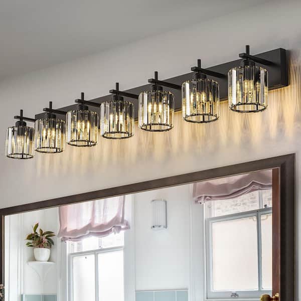 Orillia 51.2 in. 7-Light Black Bathroom Vanity Light with Crystal Shade Wall Sconce Over Mirror