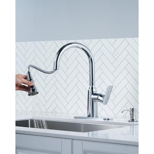 Single Handle Pull Down Sprayer Kitchen Faucet with Soap Dispenser in Vibrant Stainless Steel in Polished Chrome