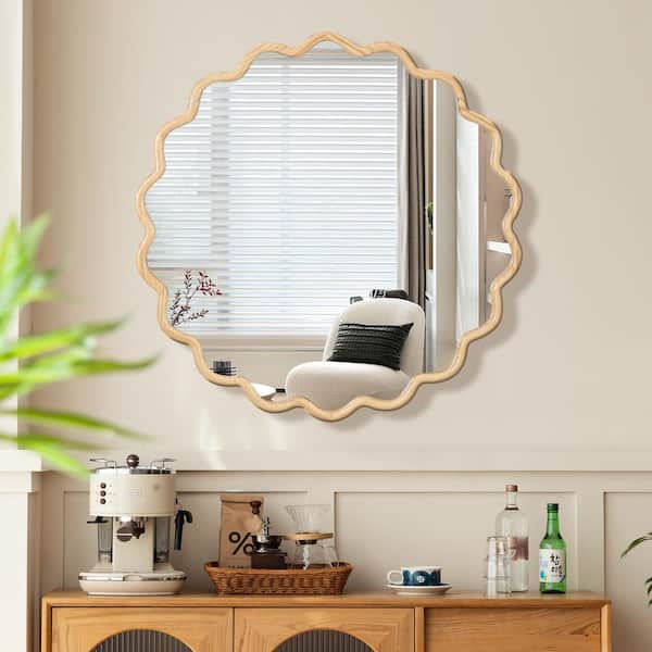 42 in. W x 42 in. H Round Framed Floating Wall Bathroom Vanity Mirror in Natural Solid Wood