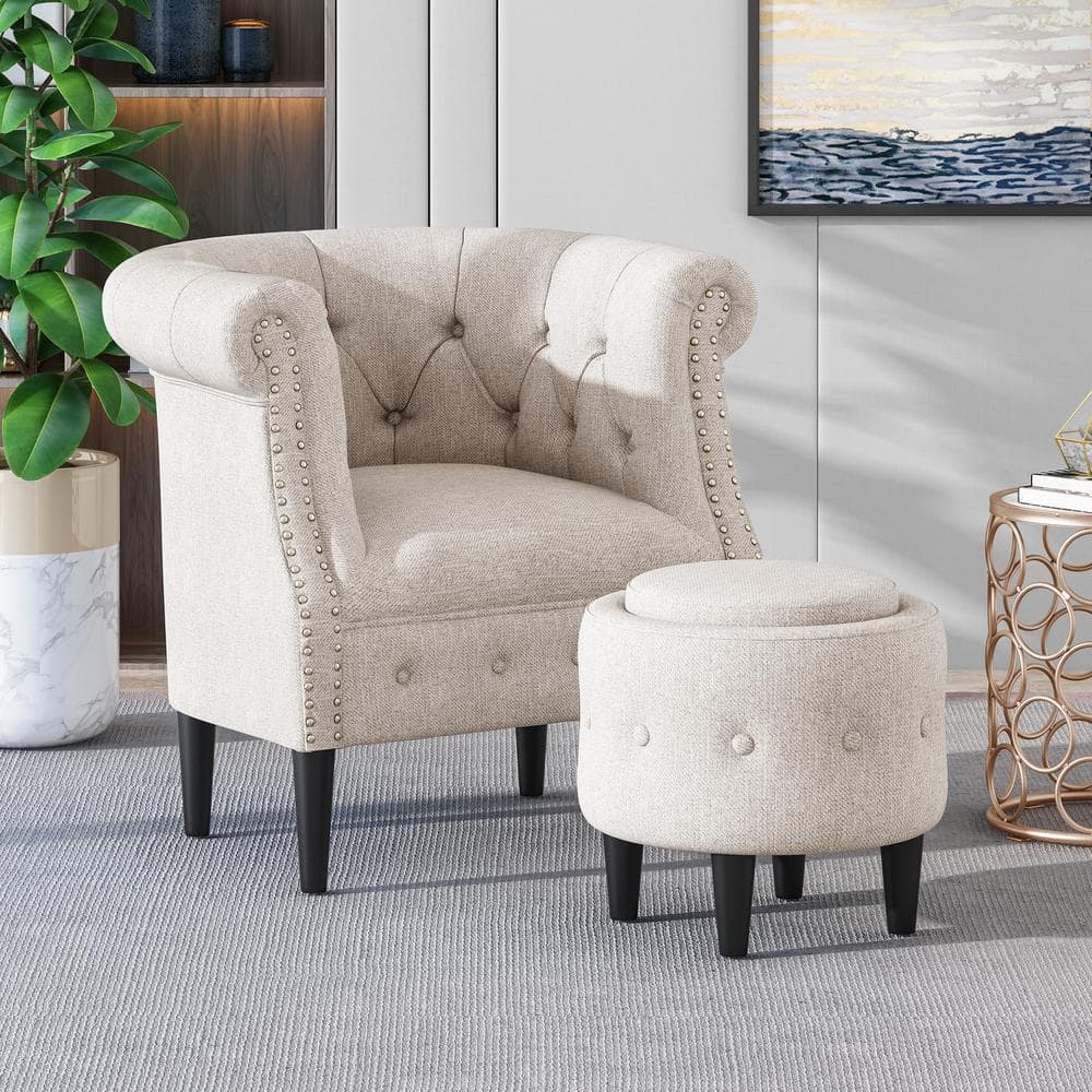 Beige Tufted Fabric Club Chair with Ottoman