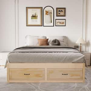 Natural Brown Wooden Frame Queen Size Platform Bed with 6 Underneath Drawers