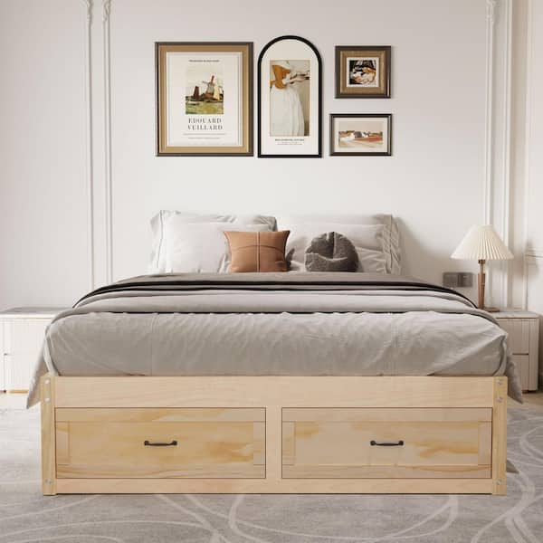 Qualler Natural Brown Wooden Frame Queen Size Platform Bed with 6 Underneath Drawers