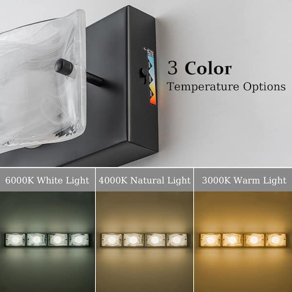 29 in. 4-Light Matte Black Integrated LED 3 CCT Vanity Light Bar for Bathroom with Textured Glass Shade