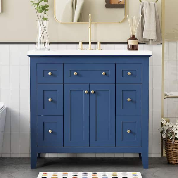 Magic Home 36'' Bathroon Vanity with Resin Sink Combo Set, Modern Freestanding Single Bathroom Cabinet with 6 Drawers & 2 Cabinets