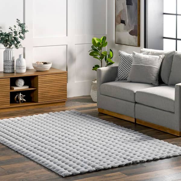 Jeni Solid Faux Rabbit Machine Washable Area Rug Silver 3 ft.  ft. x 5 ft.  ft. Accent Rug