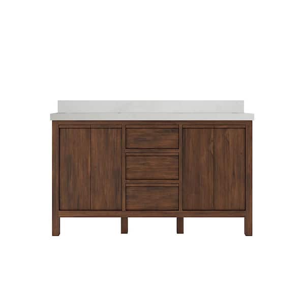 Willow Collections Elizabeth Teak 60 in. W x 22 in. D x 36 in. H Double Sink Bath Vanity in Dark Walnut with 2" Carrara Quartz Top