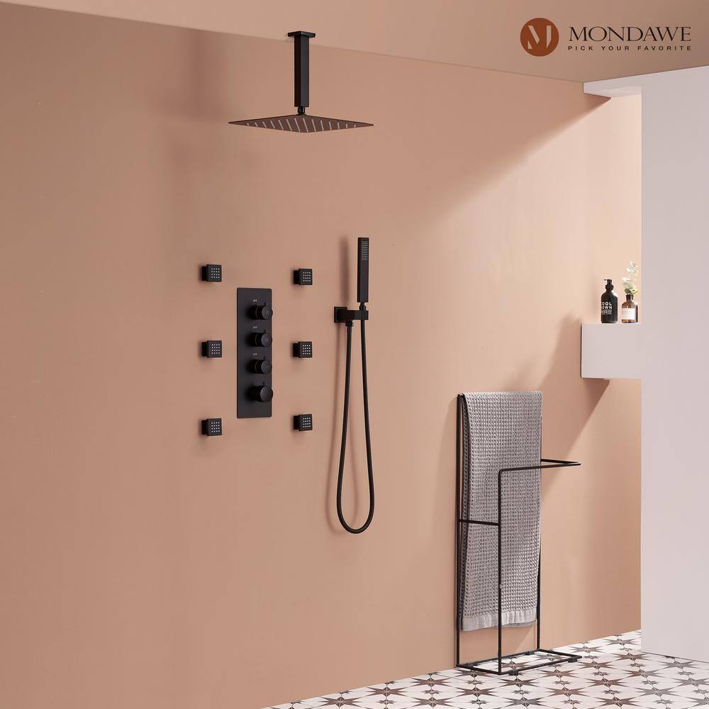 Matte Black Ceiling Mounted Shower System with Handheld and Body Jets
