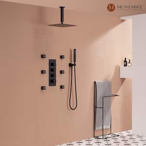 Luxury 7-Spray Patterns Thermostatic 12 in. Ceiling Mount Rainfall Dual Shower Heads with 6-Jet in Matte Black