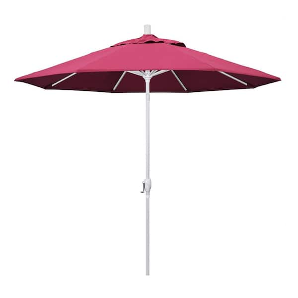 California Umbrella 9 ft. Matted White Aluminum Push Button Tilt Crank Lift Market Patio Umbrella in Hot Pink Sunbrella
