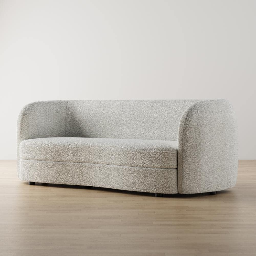 85" Off-White Boucle Fabric Curved Sofa with Wooden Legs