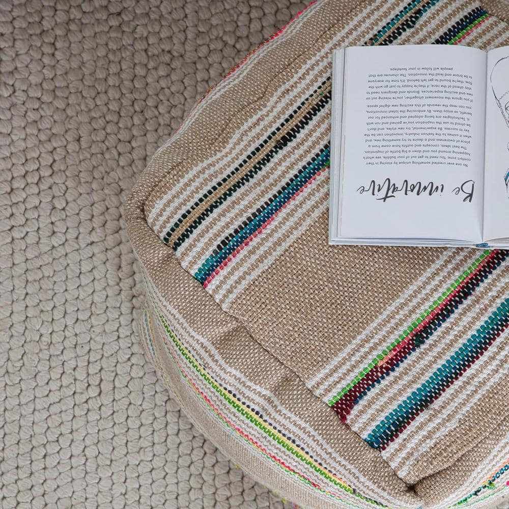 Soulard Handmade Beige & Multicolor Square Pouf Ottoman