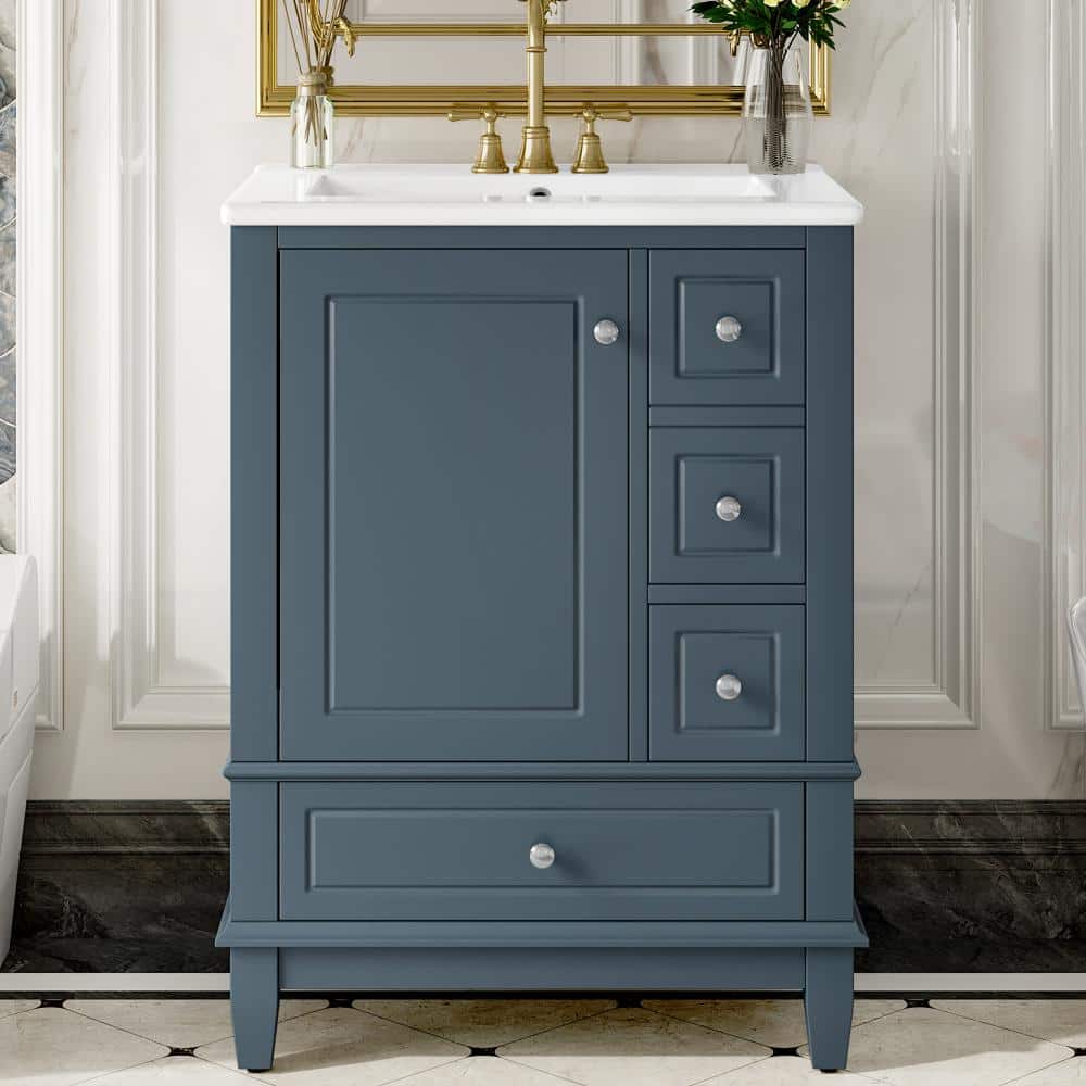 24 in. Blue Gray Bath Vanity with White Ceramic Sink Top, Storage Shelves and Drawers price history on PriceWatchPro