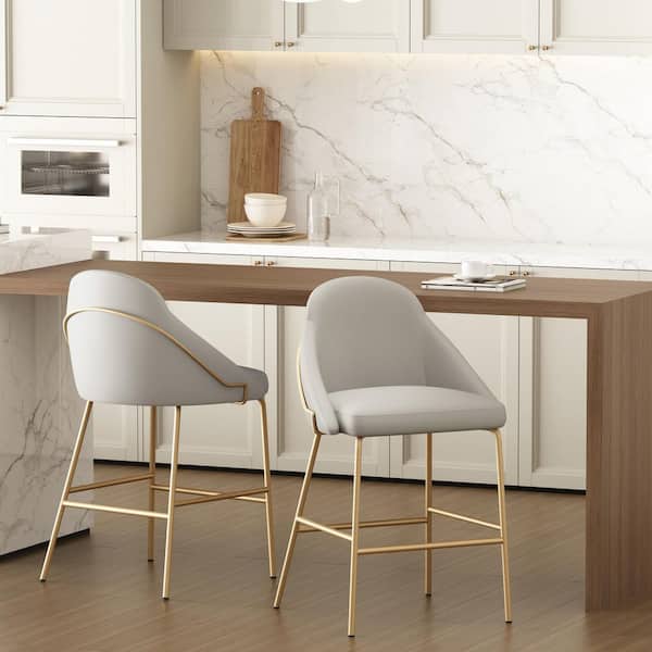 Manhattan Comfort Gracie 26 in. Modern Stone and Gold Metal Frame Counter Height Bar Stool with Faux Leather Upholstered Seat (Set of 2)