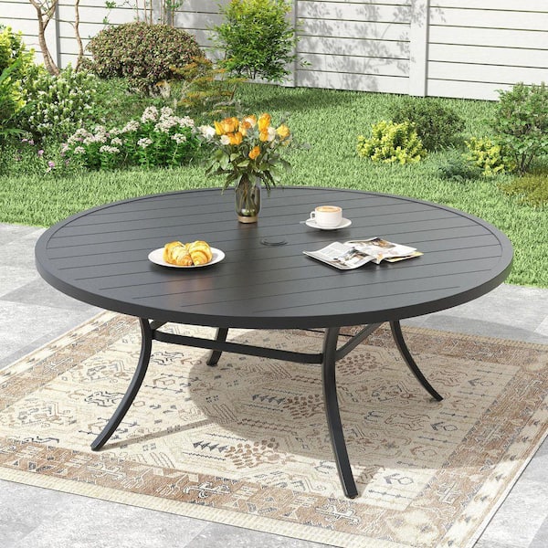 Black 60 in. Round Outdoor Patio Table, All-Weather Metal Dining Table with Umbrella Hole for 8-10 Person Seater