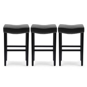Jameson 29 in. Bar Height Black Wood Backless Nail Head Barstool, Upholstered Black Faux Leather Saddle Seat (Set of 3)