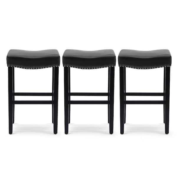 WESTINFURNITURE Jameson 29 in. Bar Height Black Wood Backless Nail Head Barstool, Upholstered Black Faux Leather Saddle Seat (Set of 3)