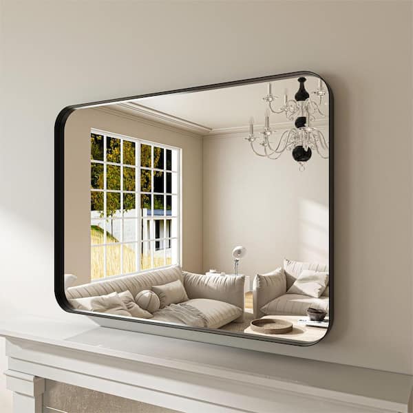 40 in. W. x 30 in. H Rectangular Aluminum Framed Modern Black Rounded Wall Mirror