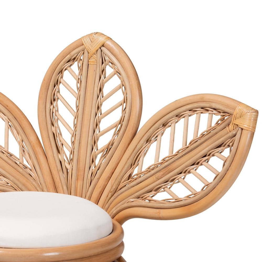 Handcrafted Natural Rattan Leaf Accent Chair with White Cushion