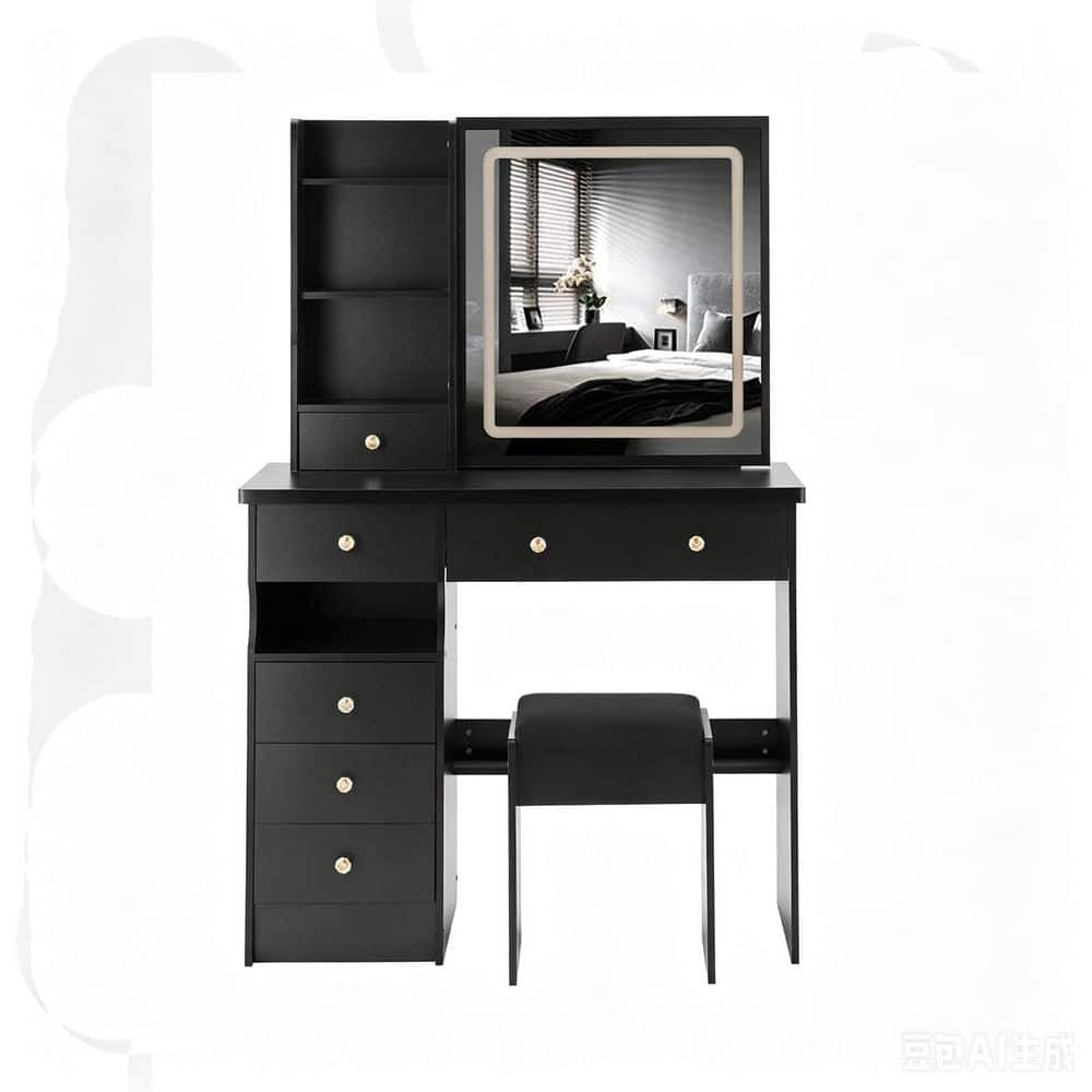 37 in. Left Drawer Desktop LED Vanity Organizer Table w/ Cushioned Stool 3-Color Touch Control Switching Mirror in Black