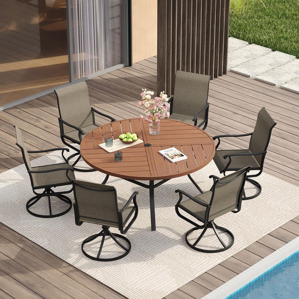 7-Piece Metal Outdoor Patio Dining Set with 47.2 in. Walnut Round Dining Table and 6-Brown Swivel Dining Chairs