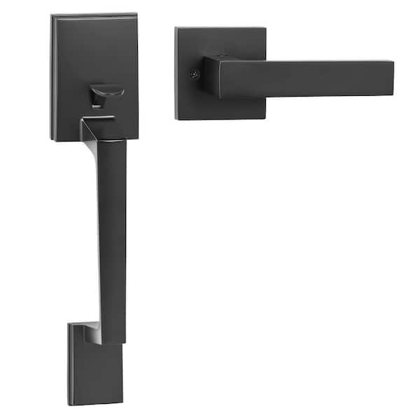 Front Door Handle, Square Entry Handle Set with Lever, No Lock, Adjustable Hole Space, Reversible Design, Matte Black