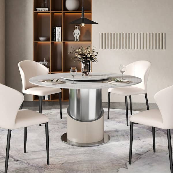 53 in. White Round Rotable Lazy Susan Sintered Stone Tabletop with Chromed Pedestal Dining Table for 4-6 Person