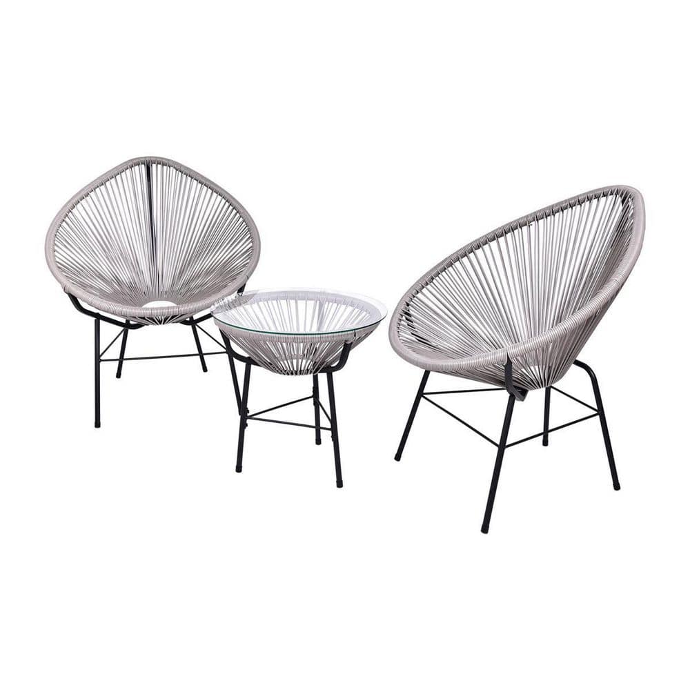 Gray 3-Piece Metal All Weather Hand-Woven PE Rattan Oval Outdoor Patio Conv