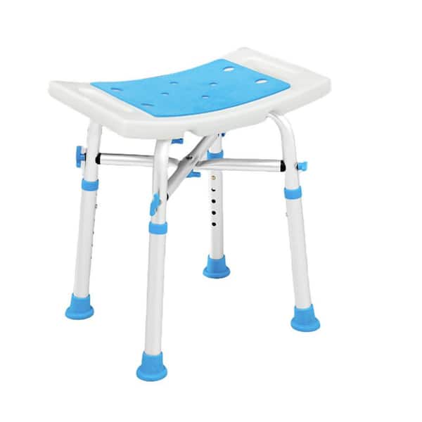 Aluminum Shower Chair, Shower Bench in White and Blue with 6-Level Height Adjustment, Crossbar Support and Padded Seat