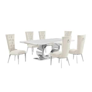 Ibraim 7-Piece Rectangle White Marble Top With Stainless Steel Base Dining Set With 6 Cream Velvet Fabric Chairs