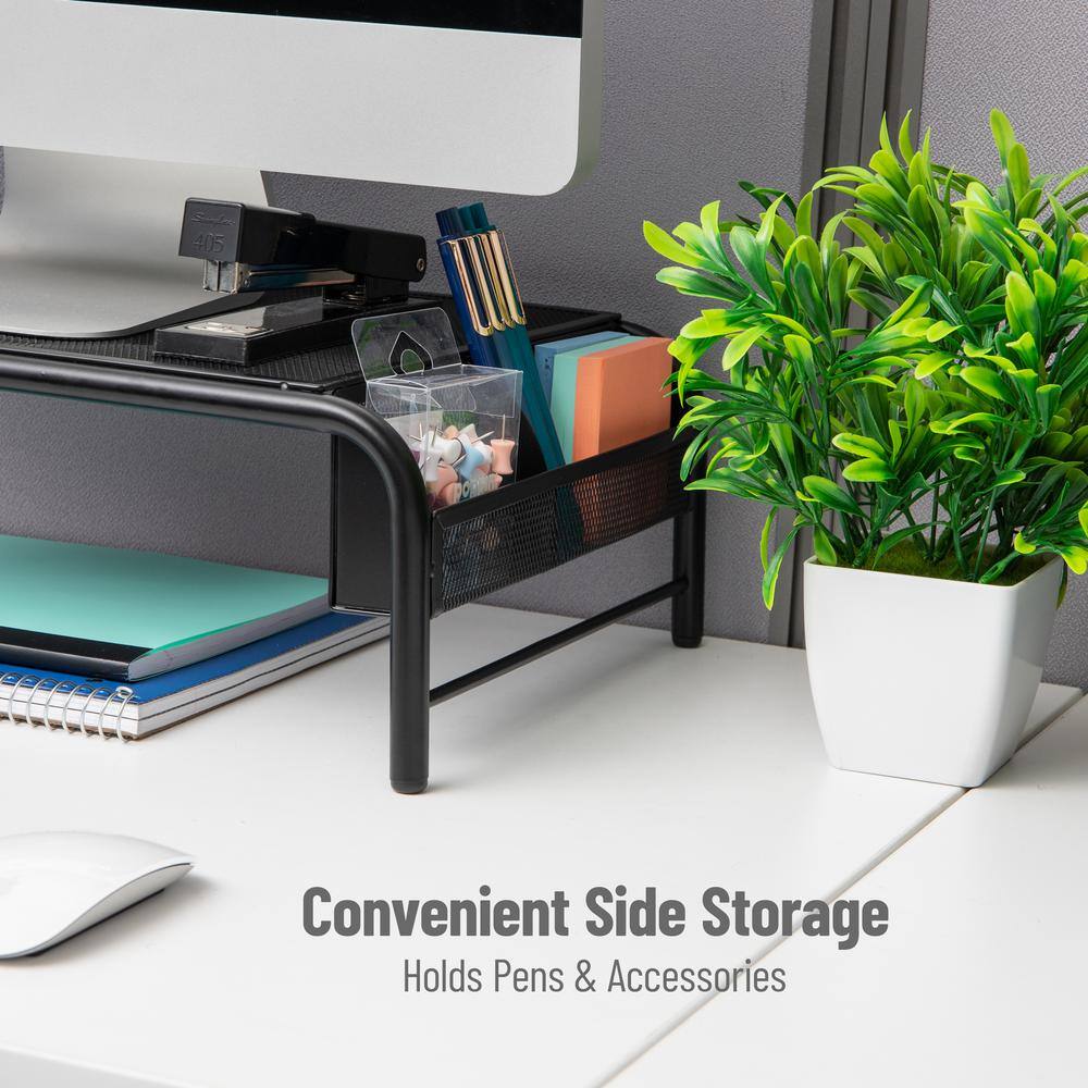 Black Metal Mesh Monitor Stand with Side Storage