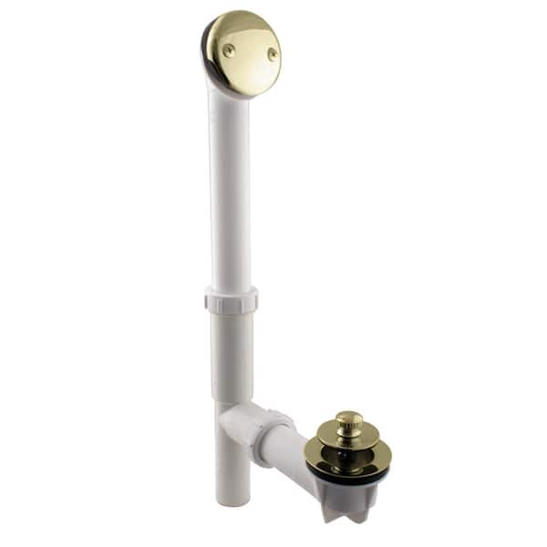 Westbrass 14" White Tubular Bath Waste & Overflow Assembly with Twist & Close Drain Plug and 2-Hole Faceplate, Polished Brass