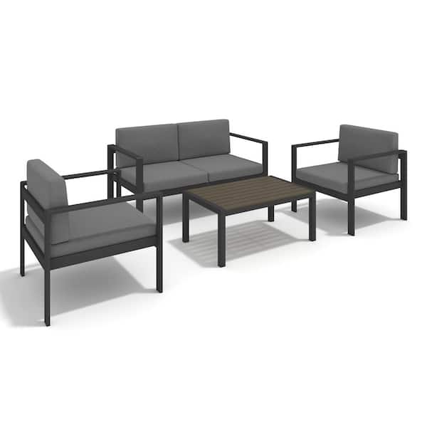 PARASOLAR Black Frame 4-Piece Aluminum Outdoor Sectional Set with Gray Cushions and Table