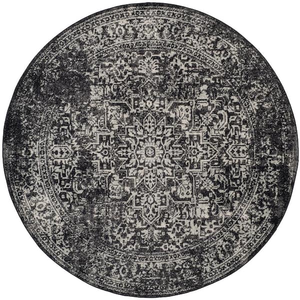 Evoke 9 ft. x 9 ft. Black/Gray Distressed Border Medallion Round Area Rug